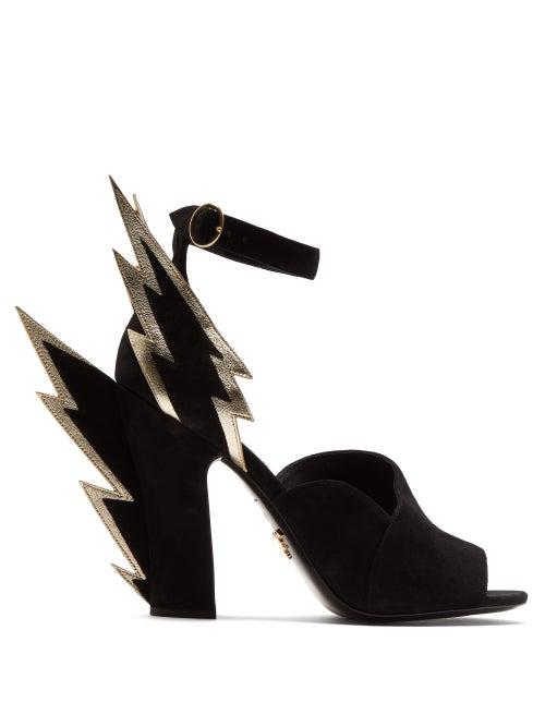 Matchesfashion.com Prada - Lightning Bolt Peep Toe Suede Sandals - Womens - Black Gold