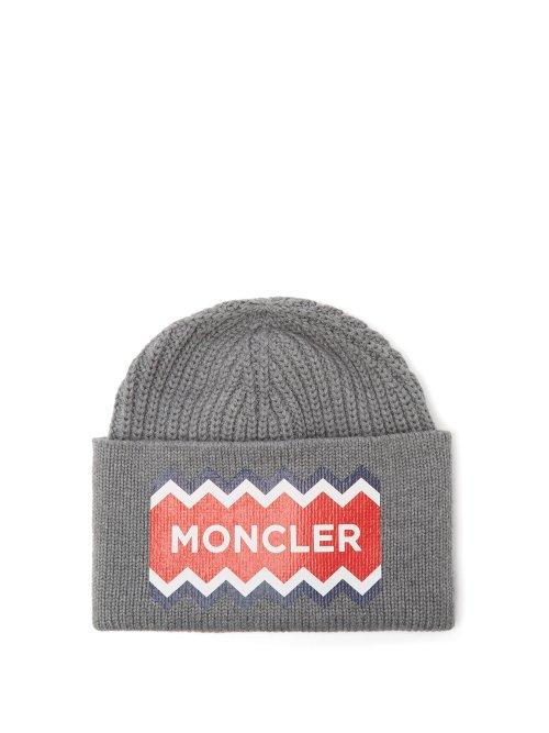 Matchesfashion.com Moncler - Wool Logo Print Beanie Hat - Mens - Grey Multi