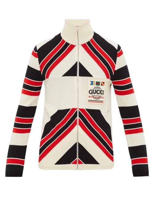 Matchesfashion.com Gucci - Worldwide Logo-patch Striped Wool Cardigan - Mens - Black Red