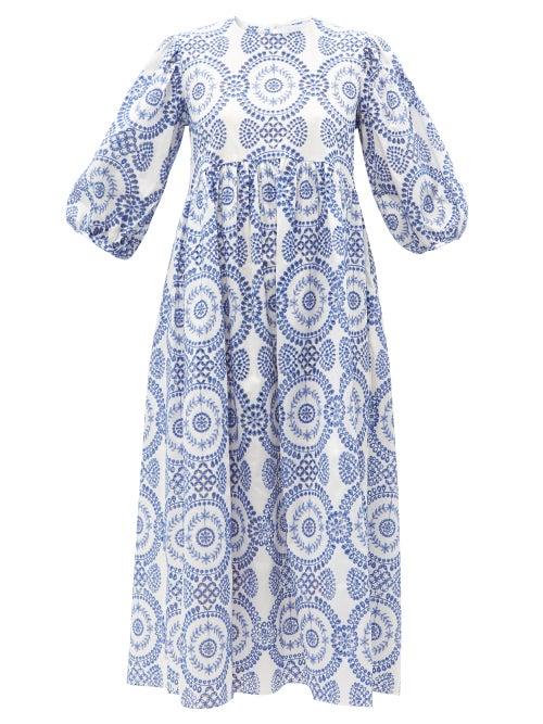Borgo De Nor - Vanessa Balloon-sleeve Broderie-anglaise Dress - Womens - Blue