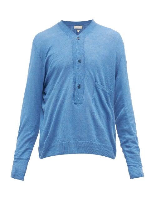 Matchesfashion.com Rochas - Patch-pocket Linen-blend Henley Sweater - Mens - Blue
