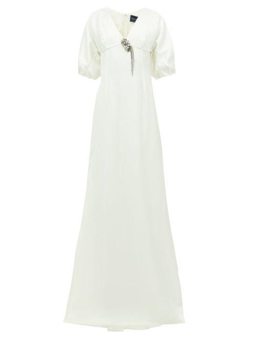 Matchesfashion.com Julie De Libran - Gilda Crystal Brooch Satin Gown - Womens - White