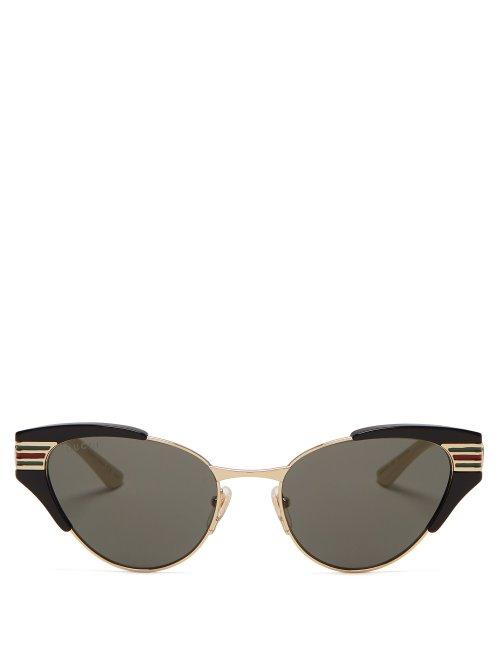 Matchesfashion.com Gucci - Web Striped Metal Cat Eye Frame Sunglasses - Womens - Black Grey