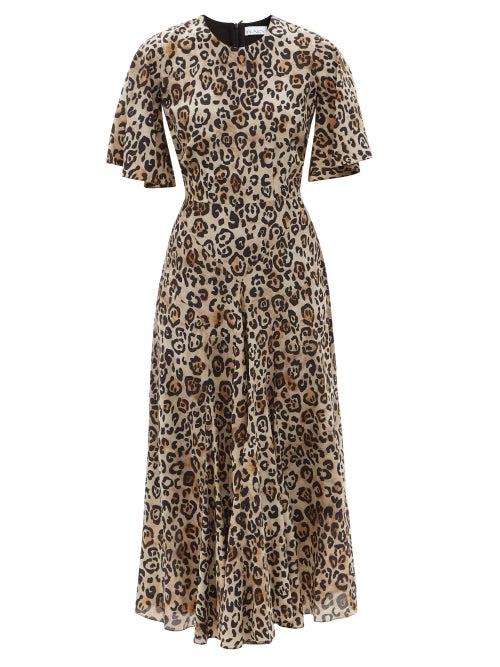 Ladies Rtw Raey - Godet-pleat Short-sleeve Silk Dress - Womens - Leopard