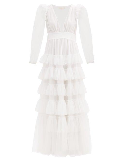 Matchesfashion.com Loveshackfancy - Francoise V-neck Ruffled Tulle Dress - Womens - White