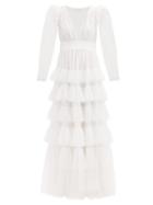 Matchesfashion.com Loveshackfancy - Francoise V-neck Ruffled Tulle Dress - Womens - White
