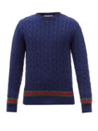 Gucci - Striped Cable-knit Cashmere Sweater - Mens - Dark Navy