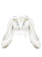 Matchesfashion.com Zimmermann - Juliette Cross-stitched Linen Cropped Top - Womens - White Multi