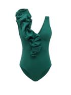 Matchesfashion.com Maygel Coronel - Yaneth Structured-ruffle Swimsuit - Womens - Green