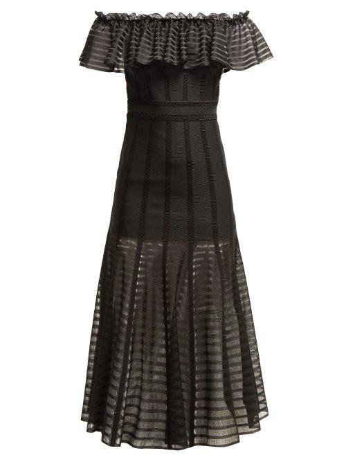Matchesfashion.com Alexander Mcqueen - Off The Shoulder Stripe Knitted Midi Dress - Womens - Black
