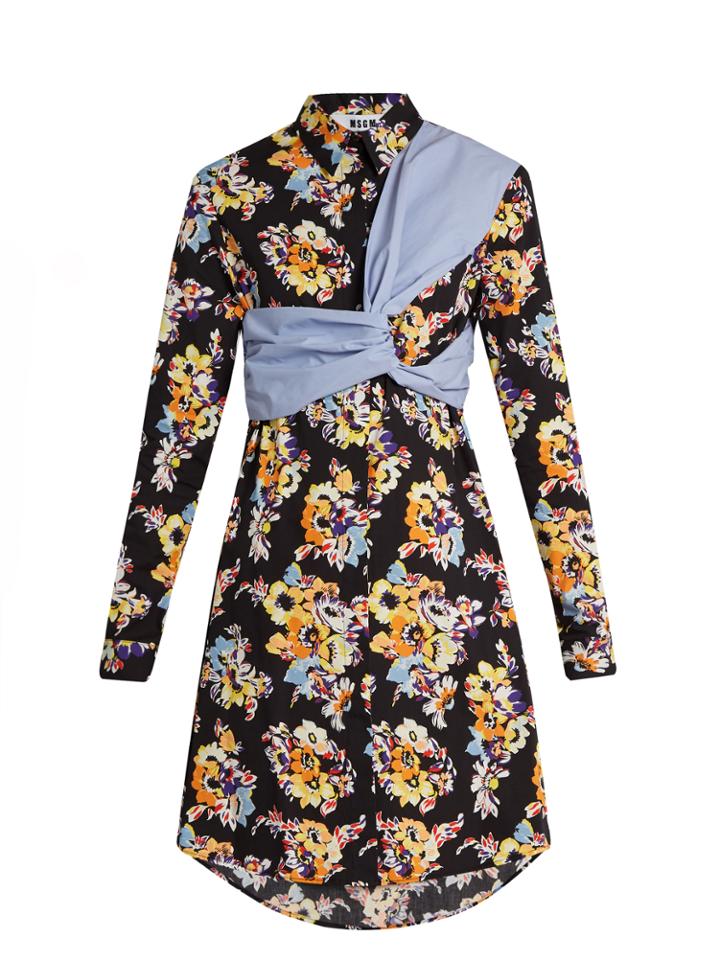 Msgm Floral-print Twisted-panel Cotton Shirtdress