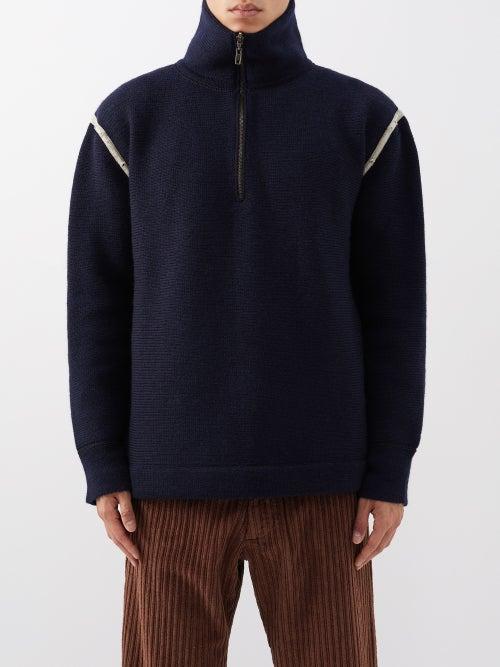 Maison Margiela - Denim-patch Quarter-zip Wool Sweater - Mens - Navy