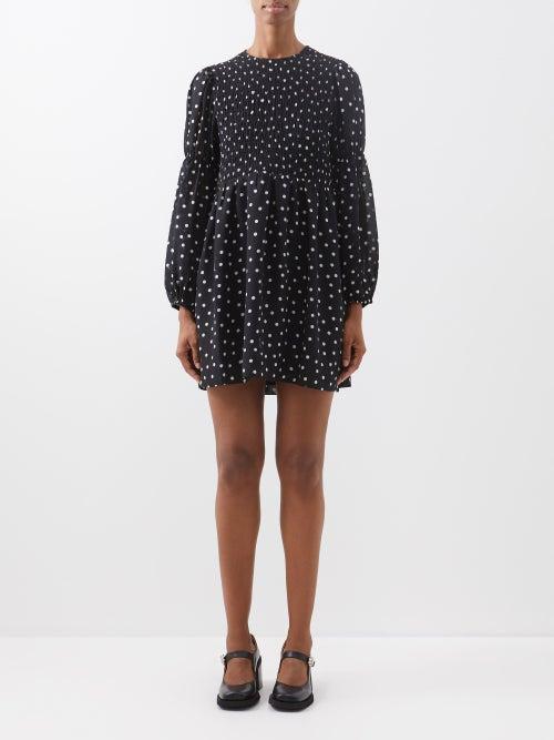Ganni - Polka-dot Smocked Crepe Mini Dress - Womens - Black