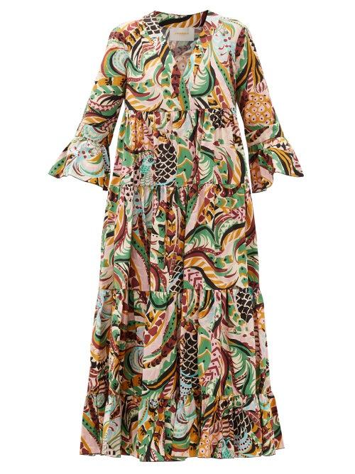 Matchesfashion.com La Doublej - Jennifer Jane Bird-print Cotton Midi Dress - Womens - Multi