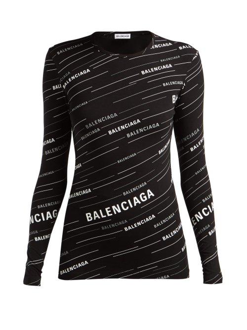 Matchesfashion.com Balenciaga - Diagonal Logo Print Stretch Jersey Top - Womens - Black White