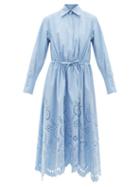 Ladies Rtw Valentino - Sangallo-embroidered Cotton-poplin Midi Dress - Womens - Blue