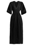 Matchesfashion.com Zimmermann - Primrose Shirred Linen Midi Dress - Womens - Black