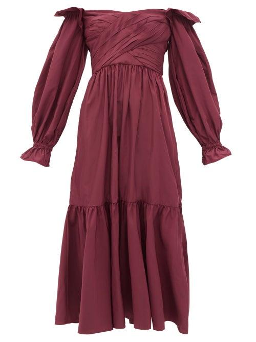 Matchesfashion.com Self-portrait - Off-the-shoulder Taffeta Midi Dress - Womens - Burgundy