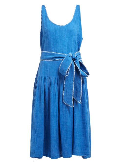 Matchesfashion.com Anaak - Camilla Gathered Cotton Gauze Dress - Womens - Blue