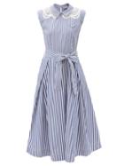 Matchesfashion.com Self-portrait - Lace-collar Striped Cotton Midi Dress - Womens - Blue White