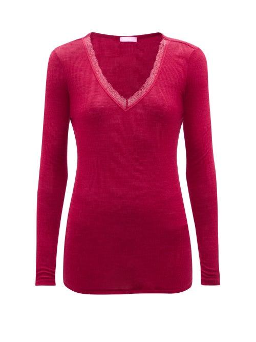 Hanro - Lace-trimmed Merino Wool-blend Pyjama Top - Womens - Red