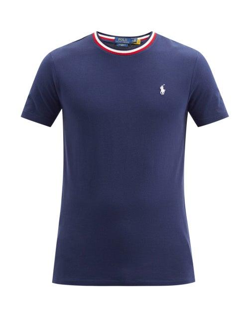 Matchesfashion.com Polo Ralph Lauren - Striped-neck Logo-embroidered Cotton T-shirt - Mens - Navy