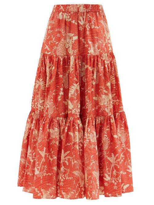 Hester Bly - Noor Tropical-print Cotton-poplin Maxi Skirt - Womens - Red Print