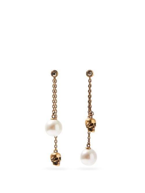 Matchesfashion.com Alexander Mcqueen - Faux Pearl And Skull Drop Earrings - Womens - Pearl
