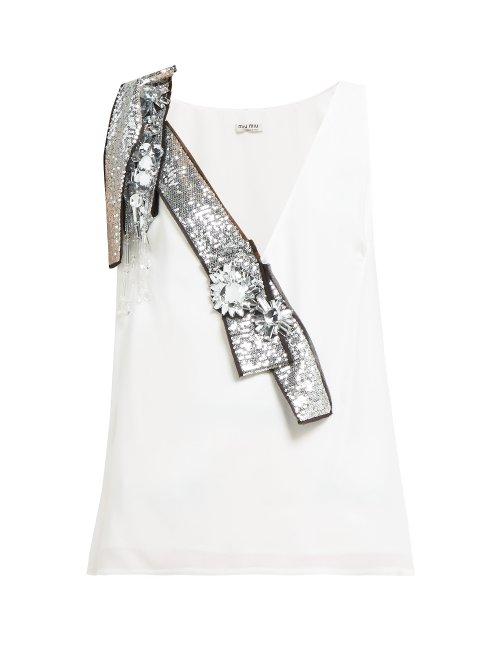 Matchesfashion.com Miu Miu - Crystal And Sequin Embellished Crepe Top - Womens - White