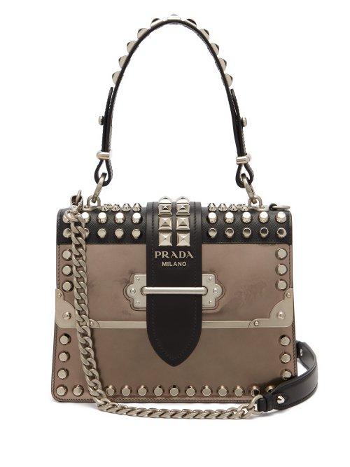 Matchesfashion.com Prada - Cahier Metallic Leather Studded Shoulder Bag - Womens - Silver