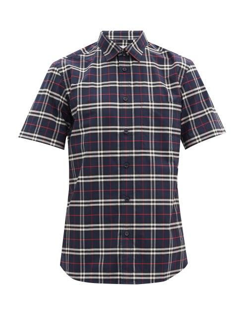 Matchesfashion.com Burberry - Simpson Checked Cotton-blend Poplin Shirt - Mens - Navy Multi