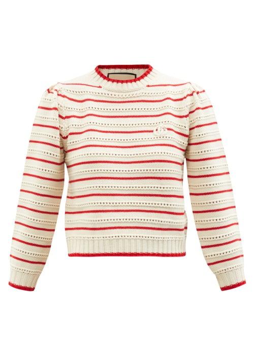 Ladies Rtw Gucci - Gg-appliqu Striped Pointelle Wool Sweater - Womens - Ivory Multi