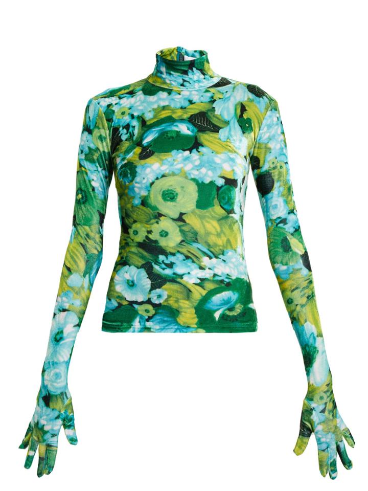 Richard Quinn Floral-print High-neck Velvet Top