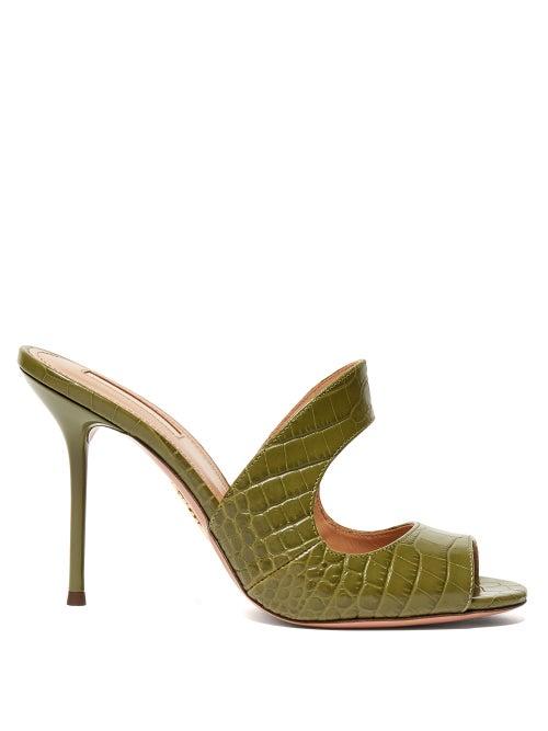 Matchesfashion.com Aquazzura - Forever 75 Crocodile Embossed Leather Mules - Womens - Khaki
