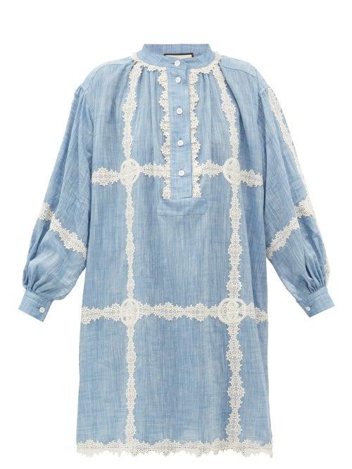 Matchesfashion.com Gucci - Gg Lace-trimmed Cotton-chambray Dress - Womens - Blue