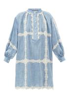 Matchesfashion.com Gucci - Gg Lace-trimmed Cotton-chambray Dress - Womens - Blue