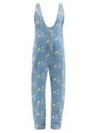 Ganni - Floral-print Denim Jumpsuit - Womens - Light Denim