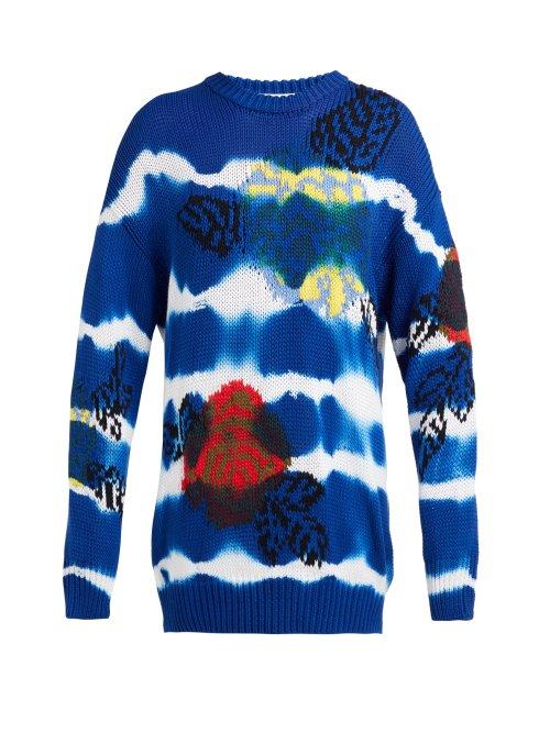Matchesfashion.com Msgm - Floral Jacquard Tie Dye Cotton Sweater - Womens - Blue Navy