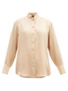 Matchesfashion.com Balmain - Oversized Logo-plaque Silk-satin Blouse - Womens - Beige