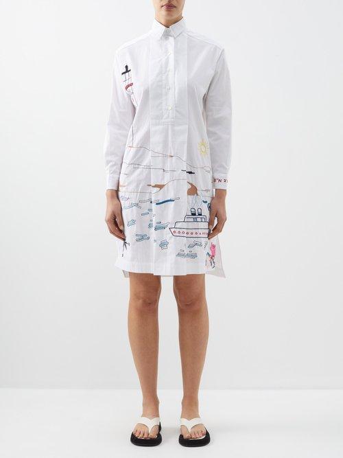 Kilometre Paris - Sailing Past The Light Snap Cotton Shirt Dress - Womens - White Multi
