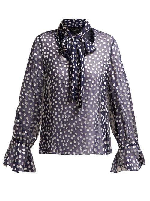 Matchesfashion.com Saloni - Lauren Silk Blend Fil Coup Blouse - Womens - Navy White