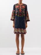 Vita Kin - Tender Summer Floral-embroidered Linen Midi Dress - Womens - Black Multi