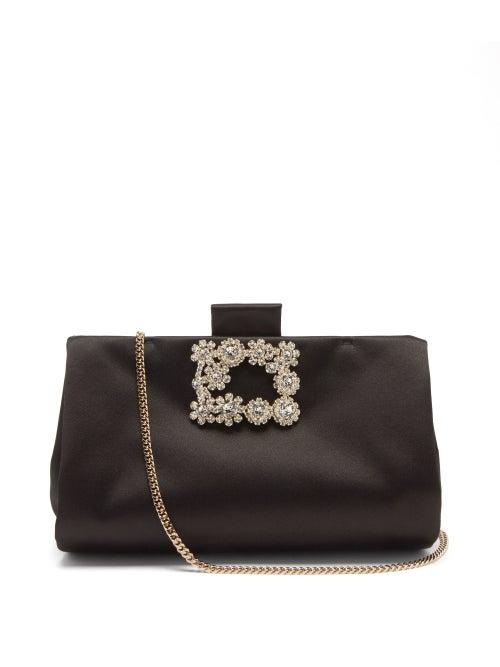 Matchesfashion.com Roger Vivier - Crystal-flower Buckle Satin Clutch Bag - Womens - Black