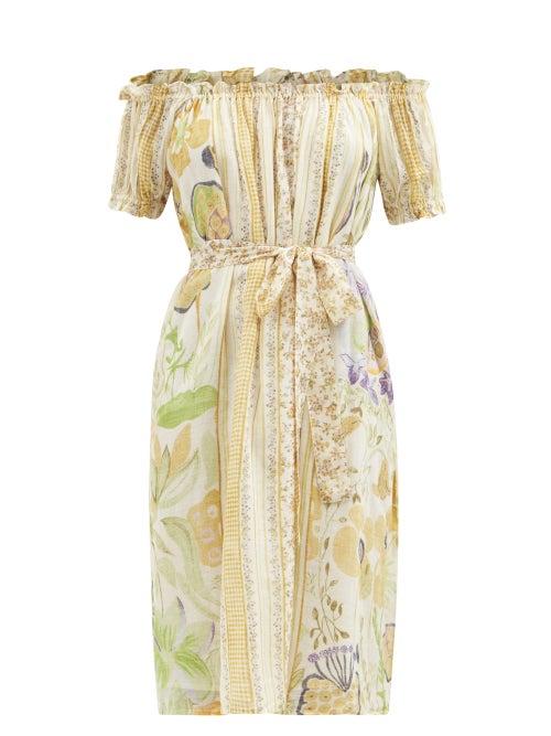 D'ascoli - Clara Off-shoulder Floral-print Cotton-khadi Dress - Womens - Yellow Multi