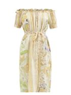 D'ascoli - Clara Off-shoulder Floral-print Cotton-khadi Dress - Womens - Yellow Multi