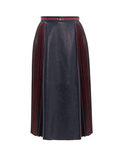 Matchesfashion.com Gucci - Pleated Leather Midi Skirt - Womens - Navy Multi