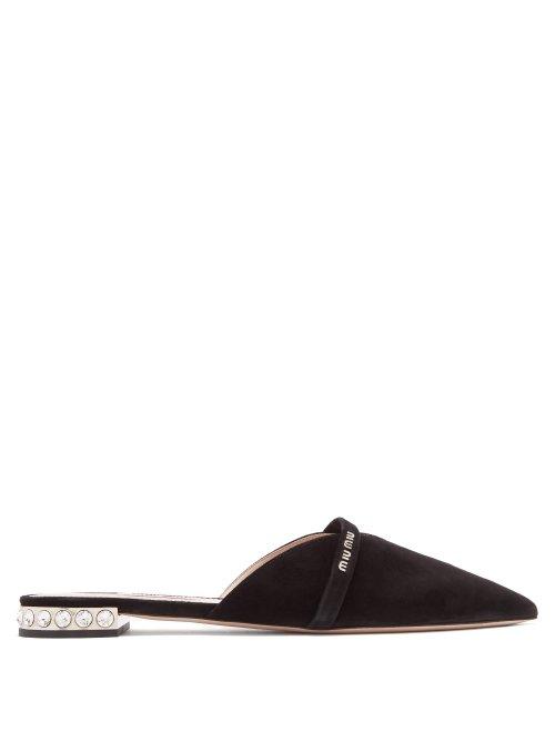 Matchesfashion.com Miu Miu - Crystal Embellished Backless Suede Loafers - Womens - Black