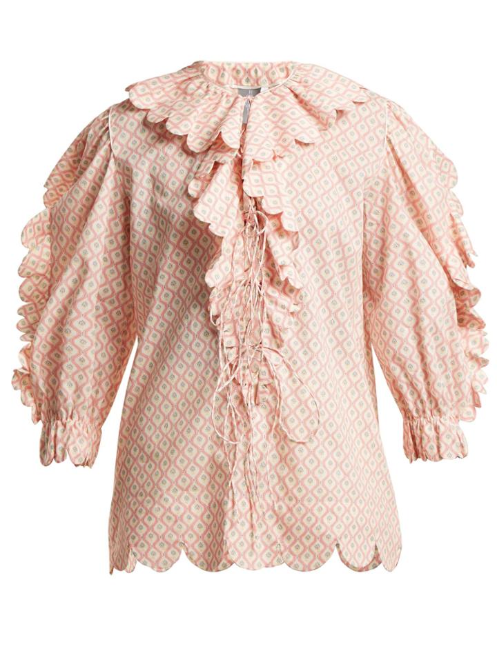 Horror Vacui Geometric-print Scallop-edged Cotton Blouse
