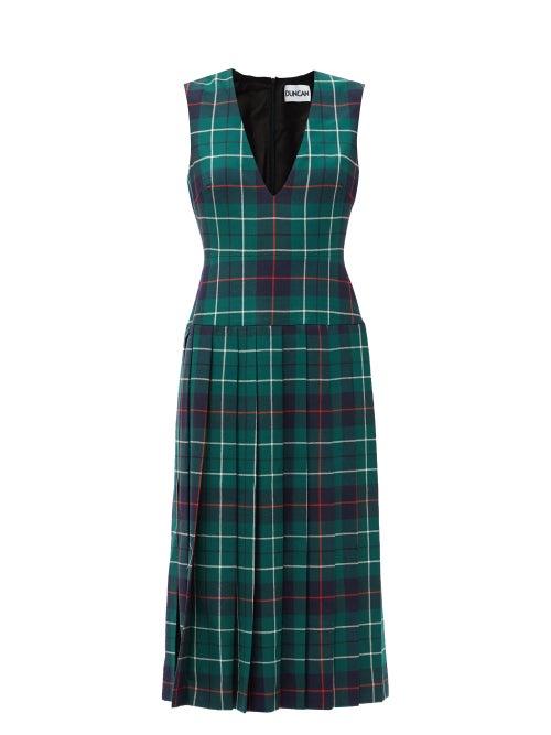 Matchesfashion.com Duncan - The Vogelson V-neck Pleated Tartan Wool Dress - Womens - Green Multi