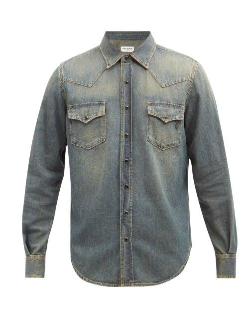Saint Laurent - Push-studded Faded-denim Shirt - Mens - Blue